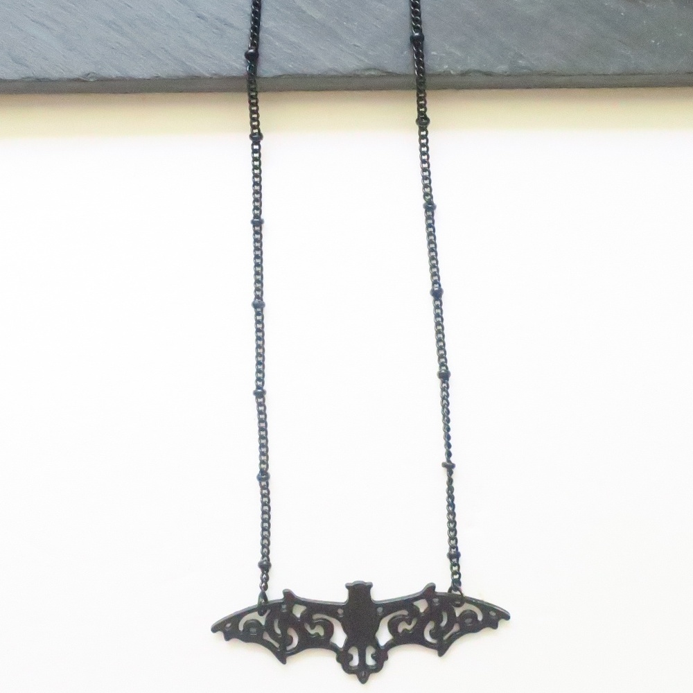 Bat Filigree Necklace Beaded Chain Long - Picture 4 of 8